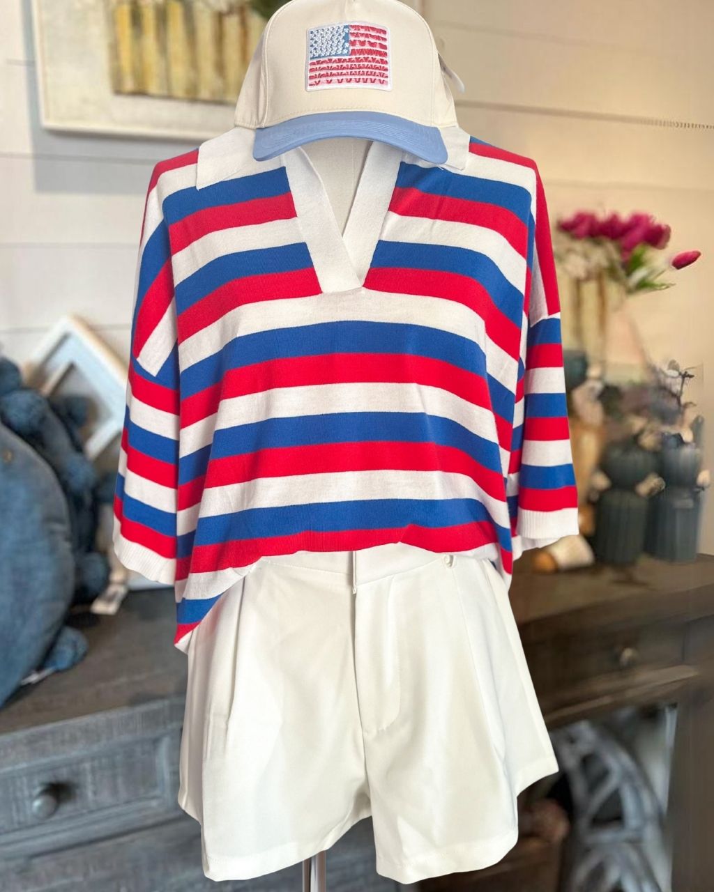 Color-block Striped V-neck Top