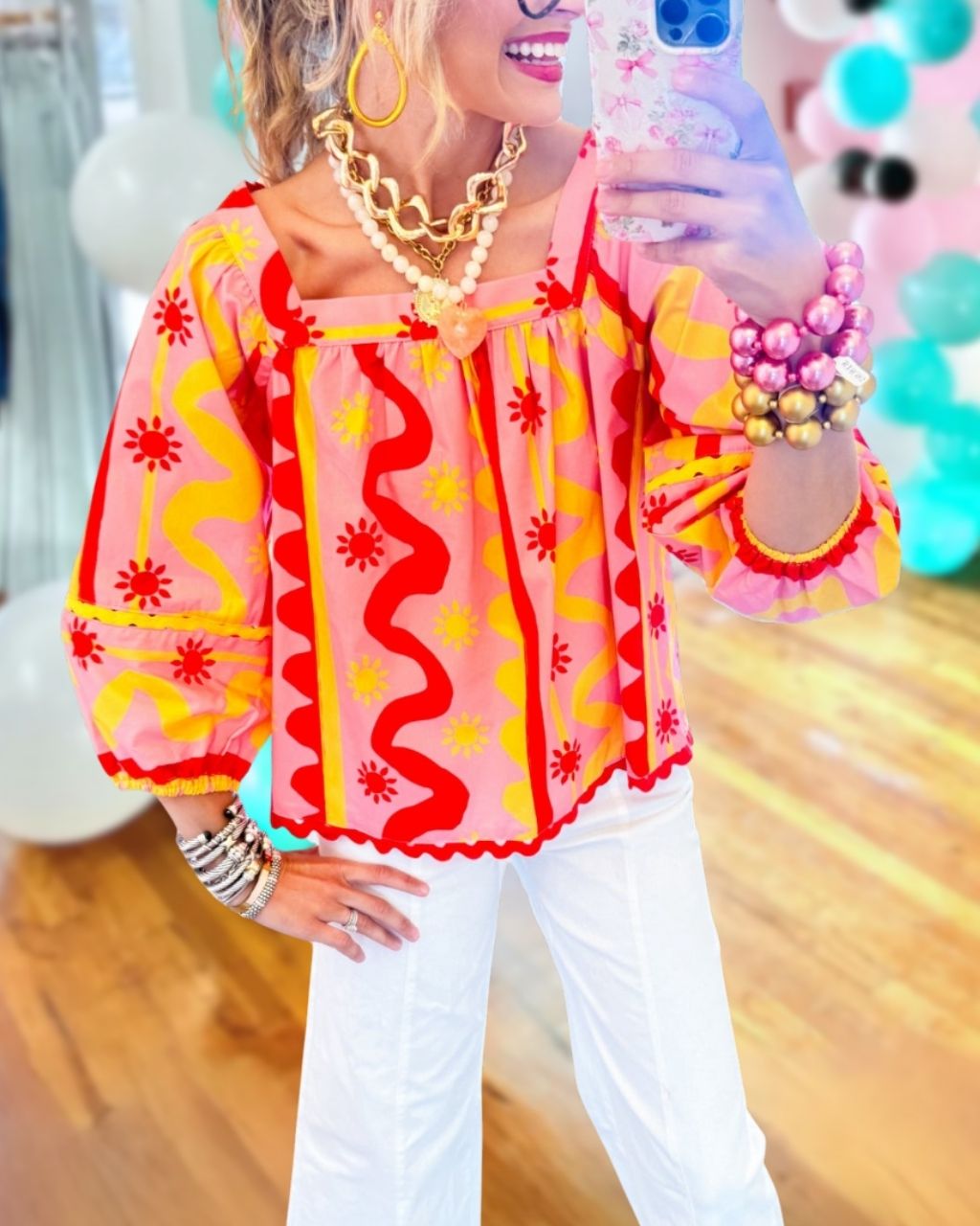 Wavy Sun Print Satin Top