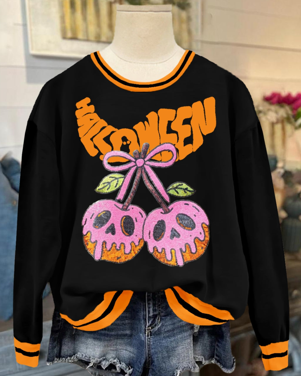 Fun Sequin Halloween Poison Cherry Sweatshirt