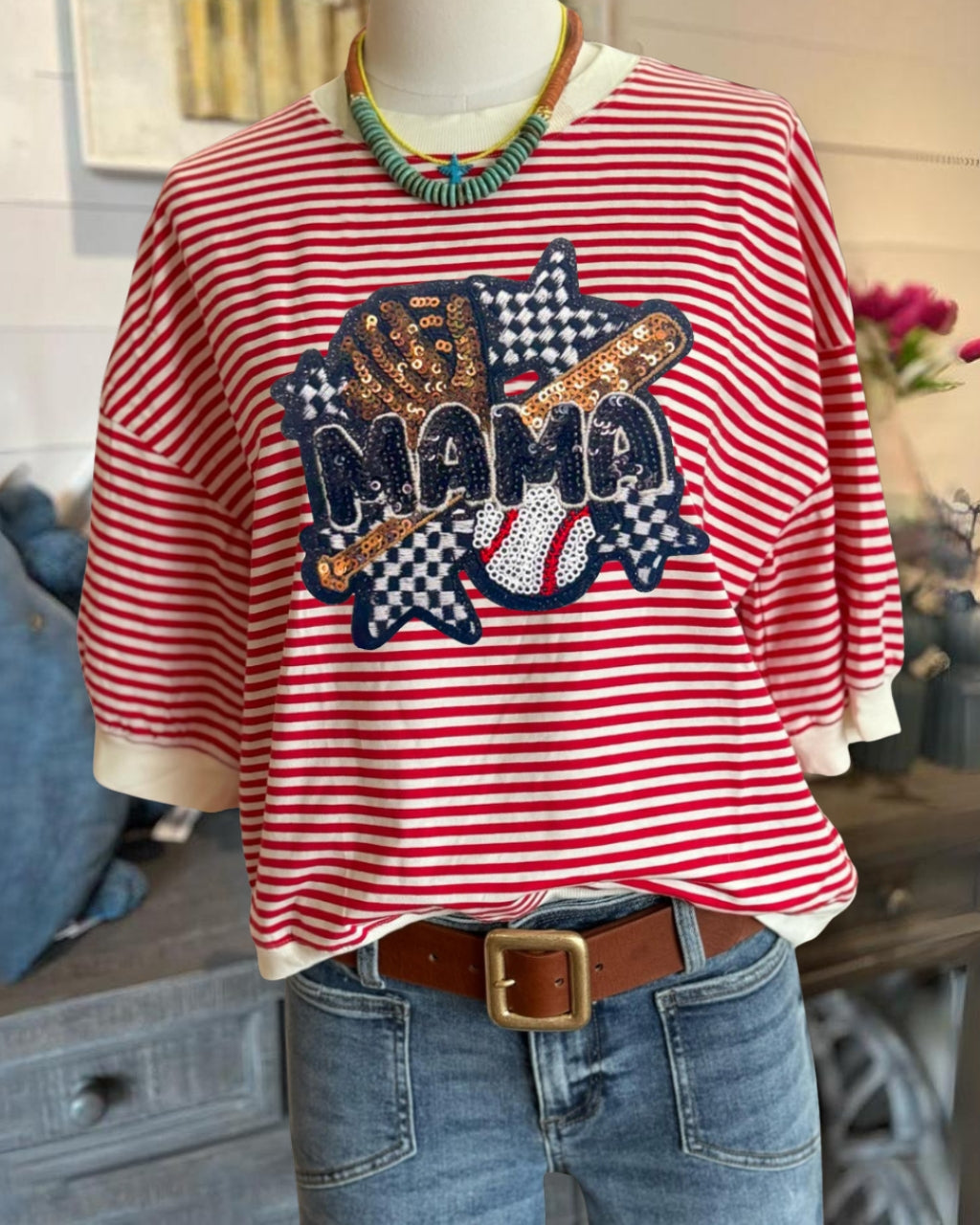 MAMA Baseball Sequin Striped Top