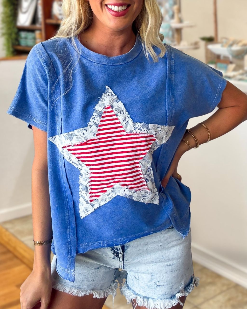 Star Embroidered Patch Lace Trim Top