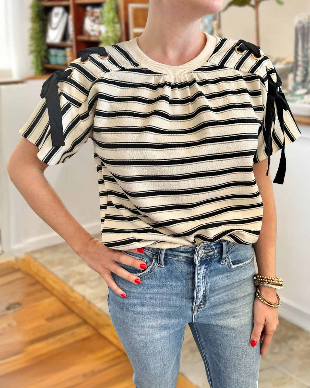 Striped Lace Up Top