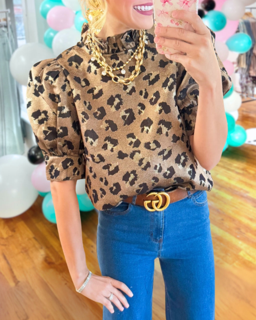 Trendy Leopard Ruffle Neck Top