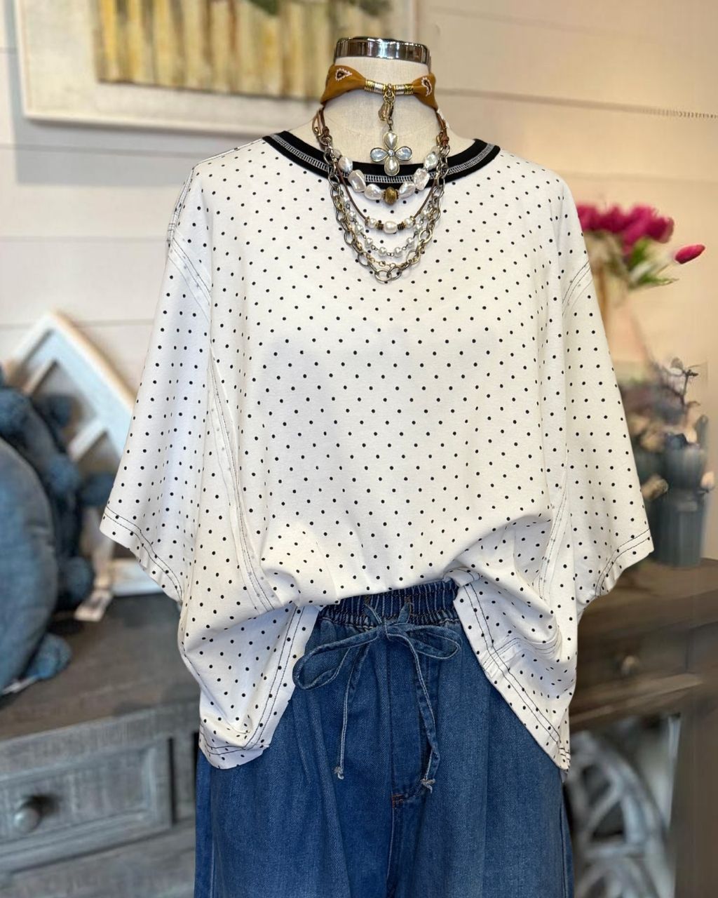 Micro Polka Dot Crew-neck Top