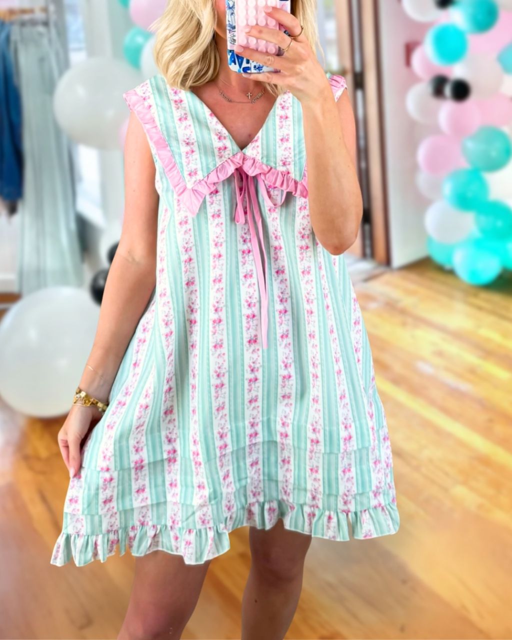 Sweet Floral Lapel Striped Dress