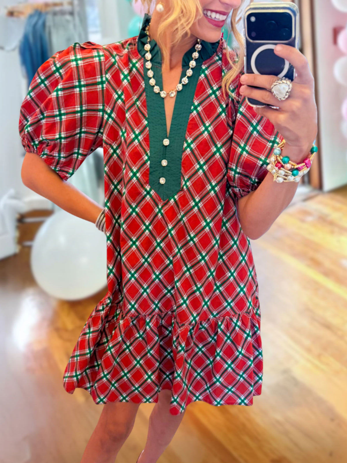 Checked Ruffled Color-Block Dress