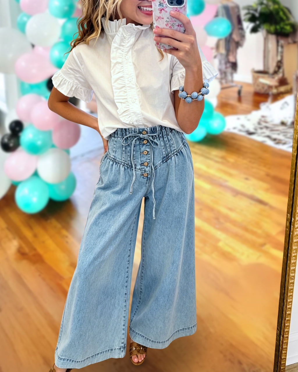 Pleated Wide-Leg Denim Pants