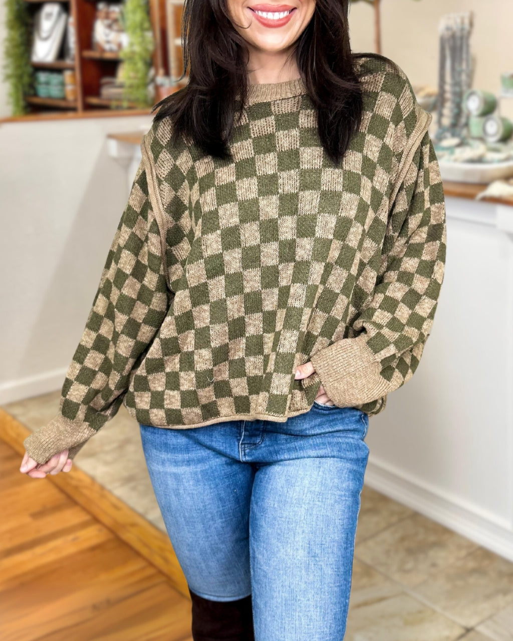 Fun Cozy Checker Knit Sweatshirt