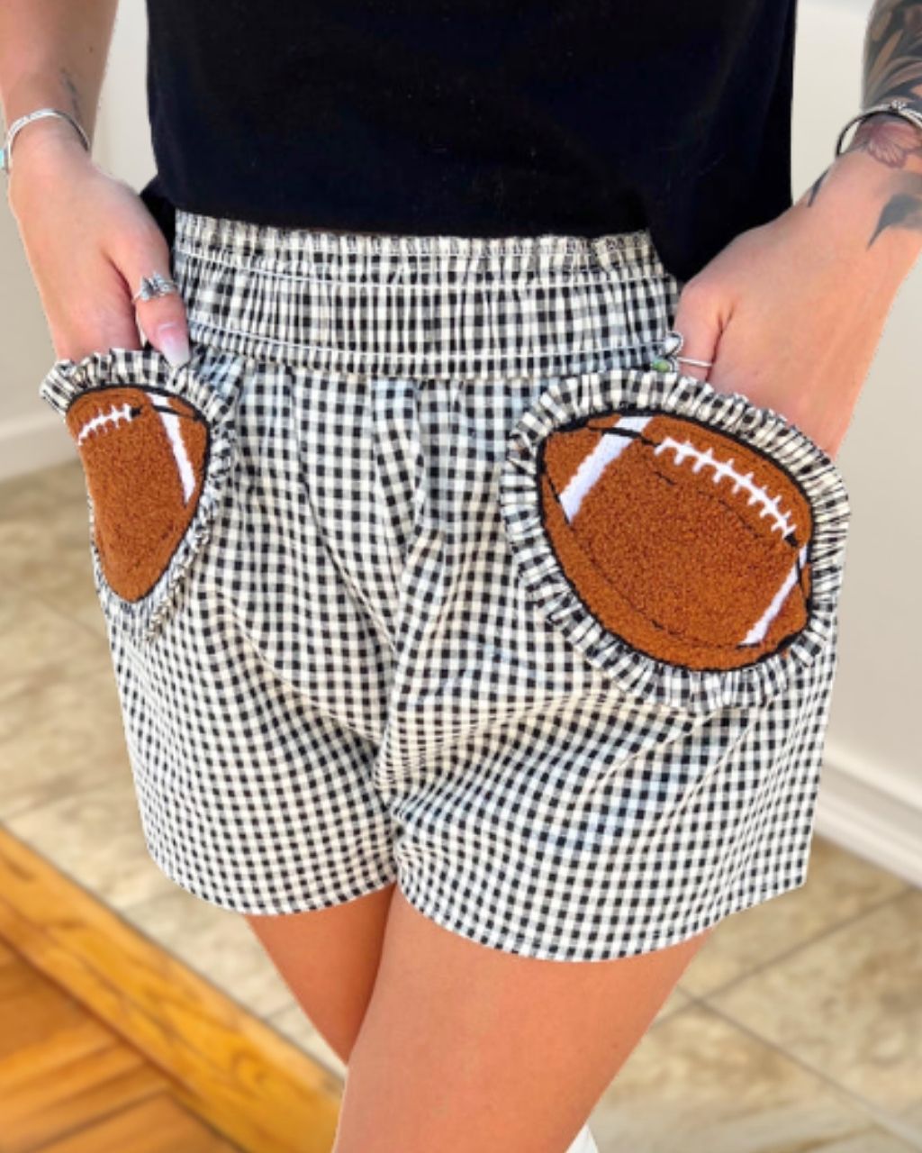 Football-Embroidered Pocket Plaid Shorts