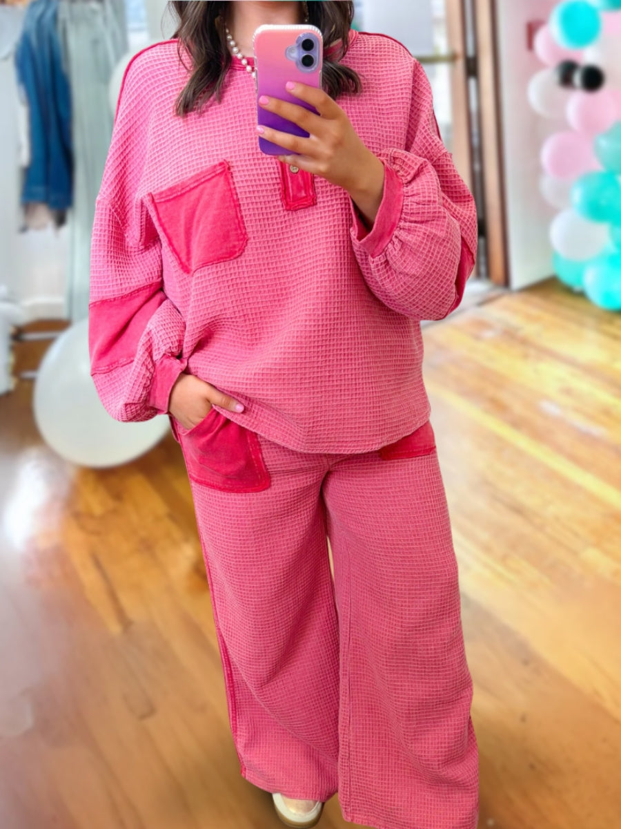 Casual Waffle Knit Color Block Set