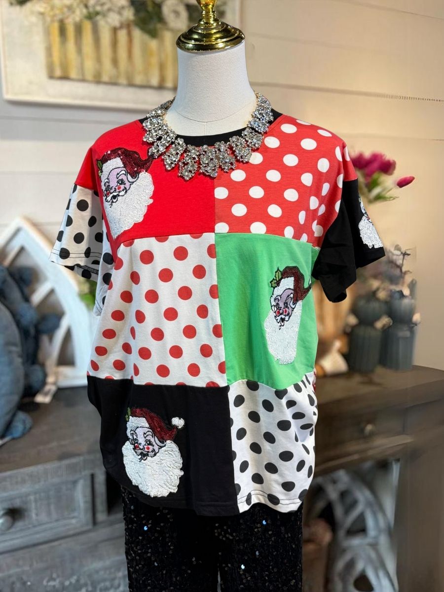 Santa Claus Sequined Polka Dot Patchwork T-Shirt