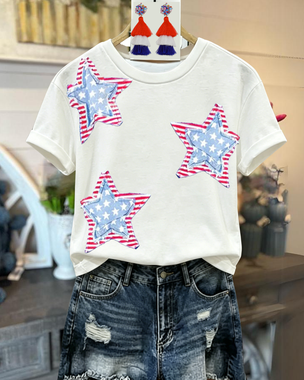 Striped Star Appliqué T-shirt