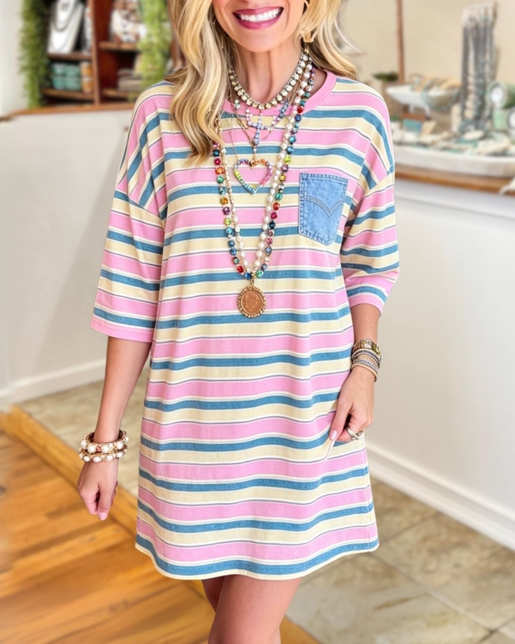 Striped Denim Patch-Pocket Dress
