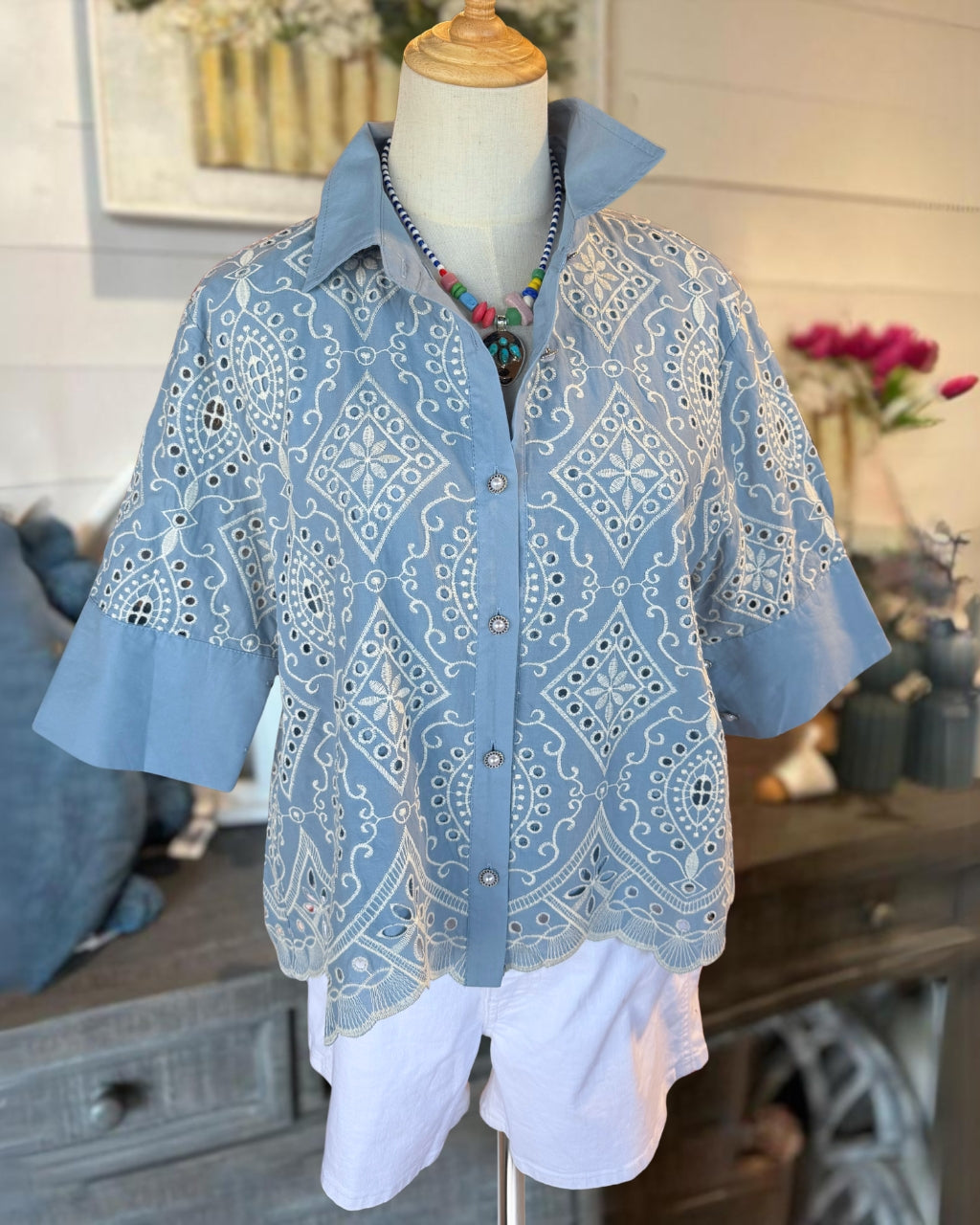 Retro Openwork Embroidered Shirt