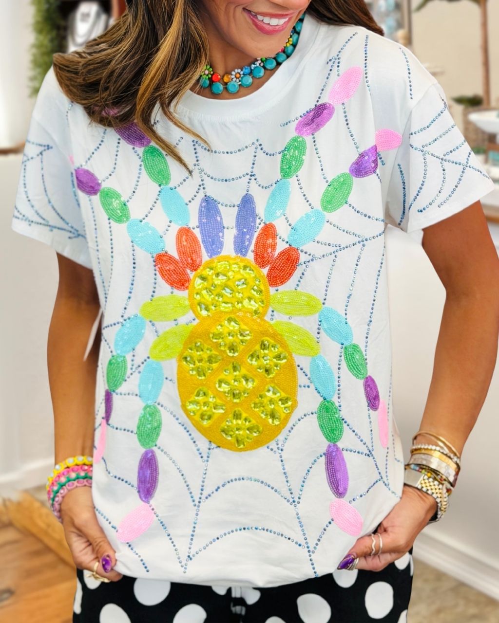 Halloween Colored Spider Sequin Embroidery T-shirt