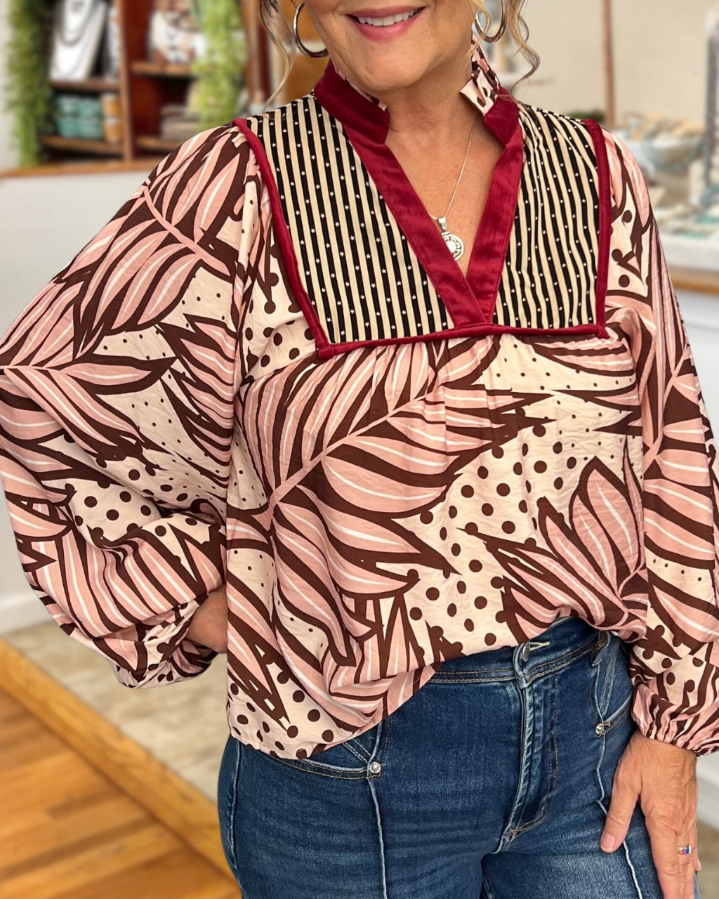 Tropical Leaf Polka Dot Top