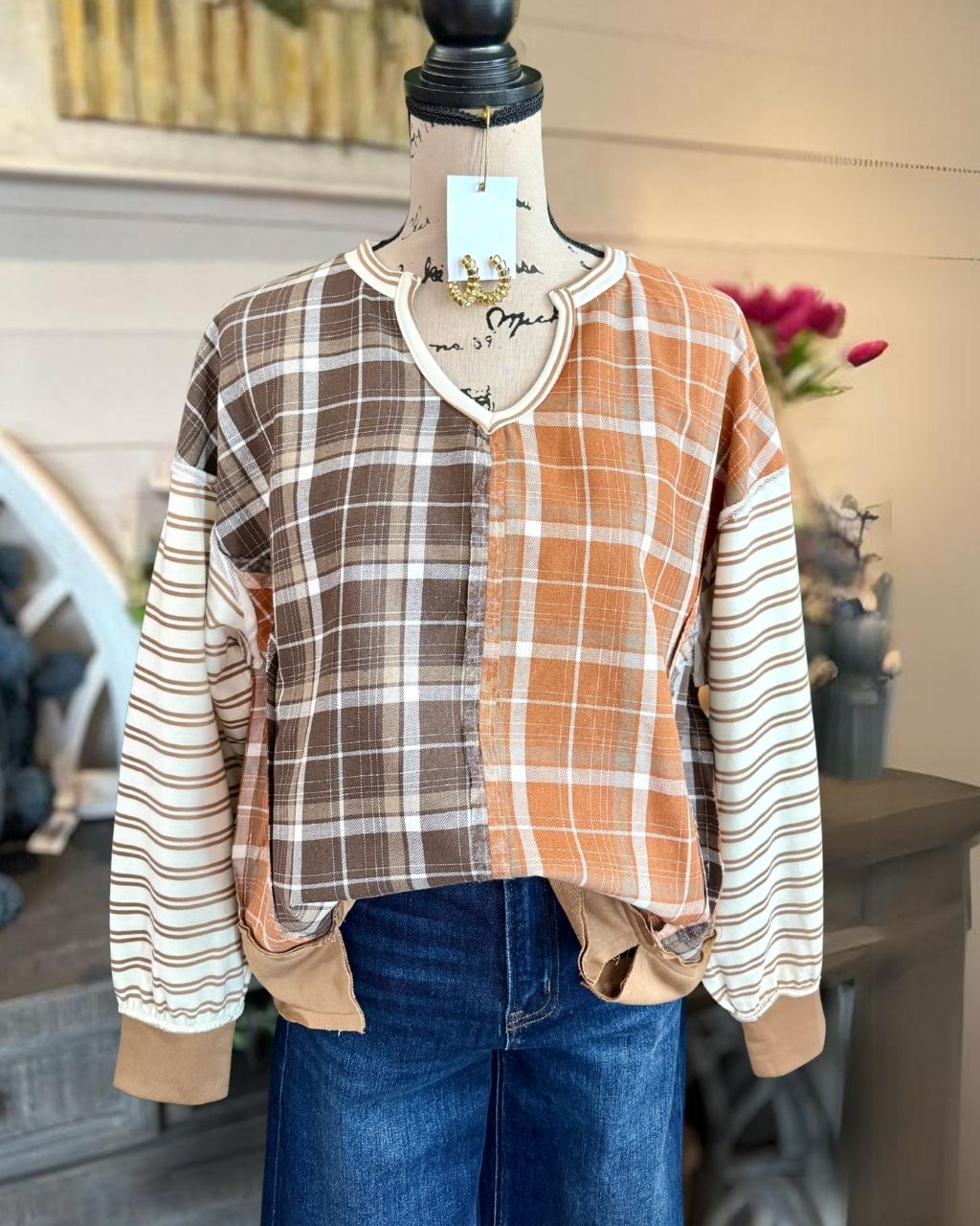 Plaid and Striped Patchwork Thanksgiving Top