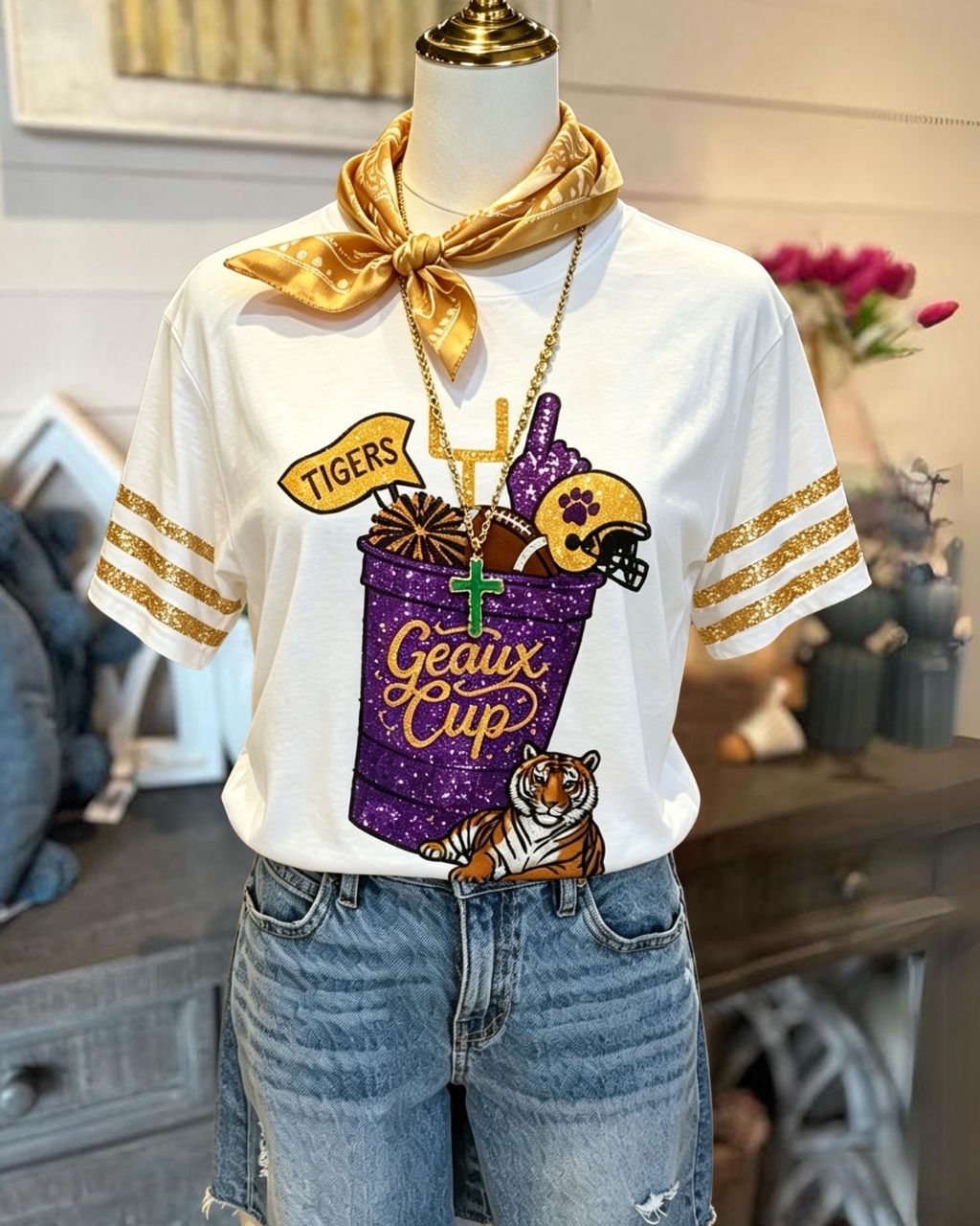 TIGERS Geaux Cup Sequin Tee