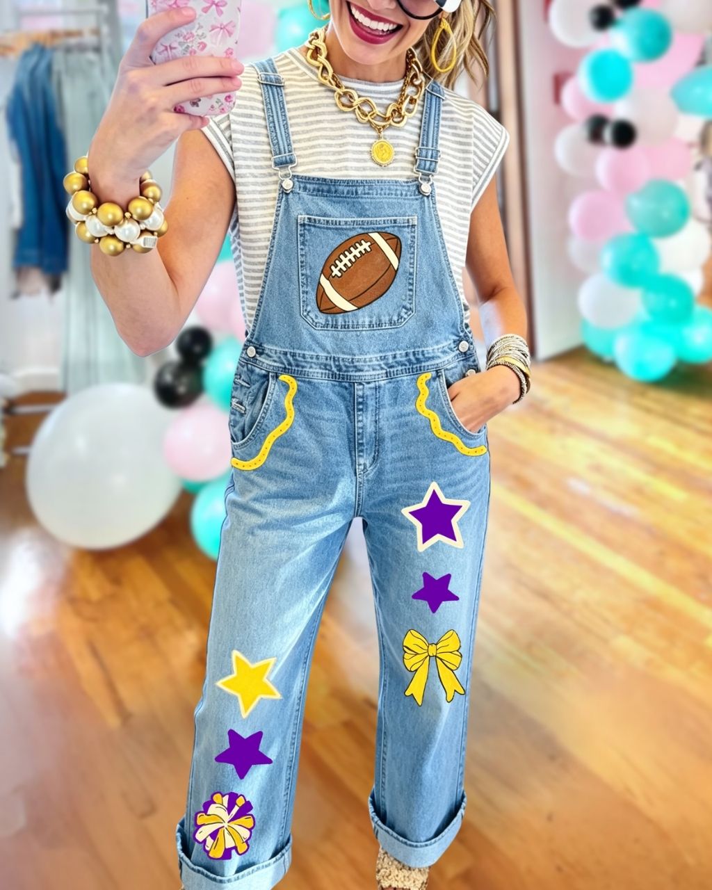 Celebrating Football Print Game Day Denim Overalls