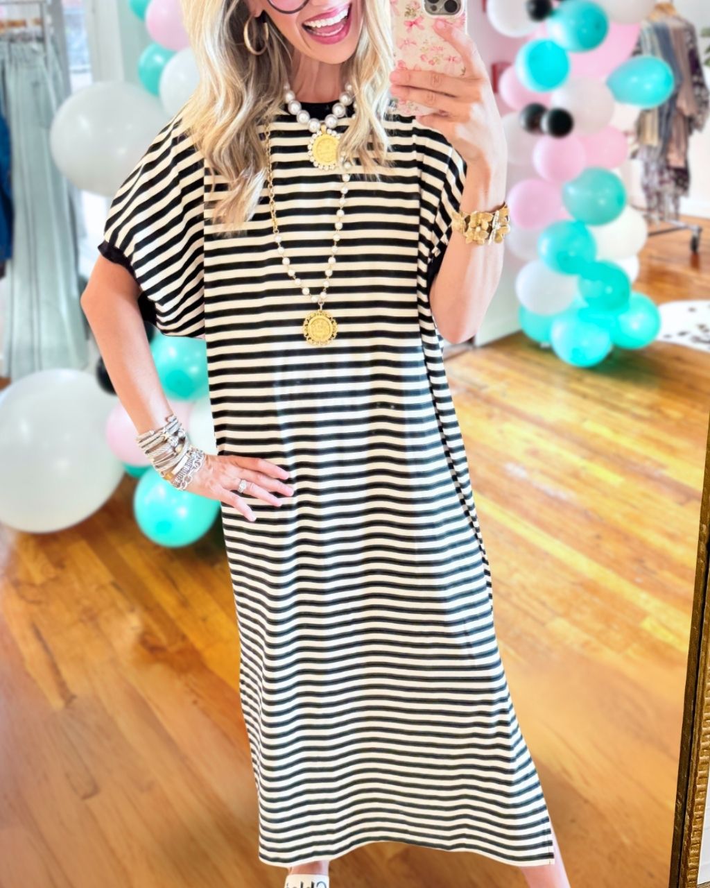 Classic Striped Crew-Neck Maxi Dress