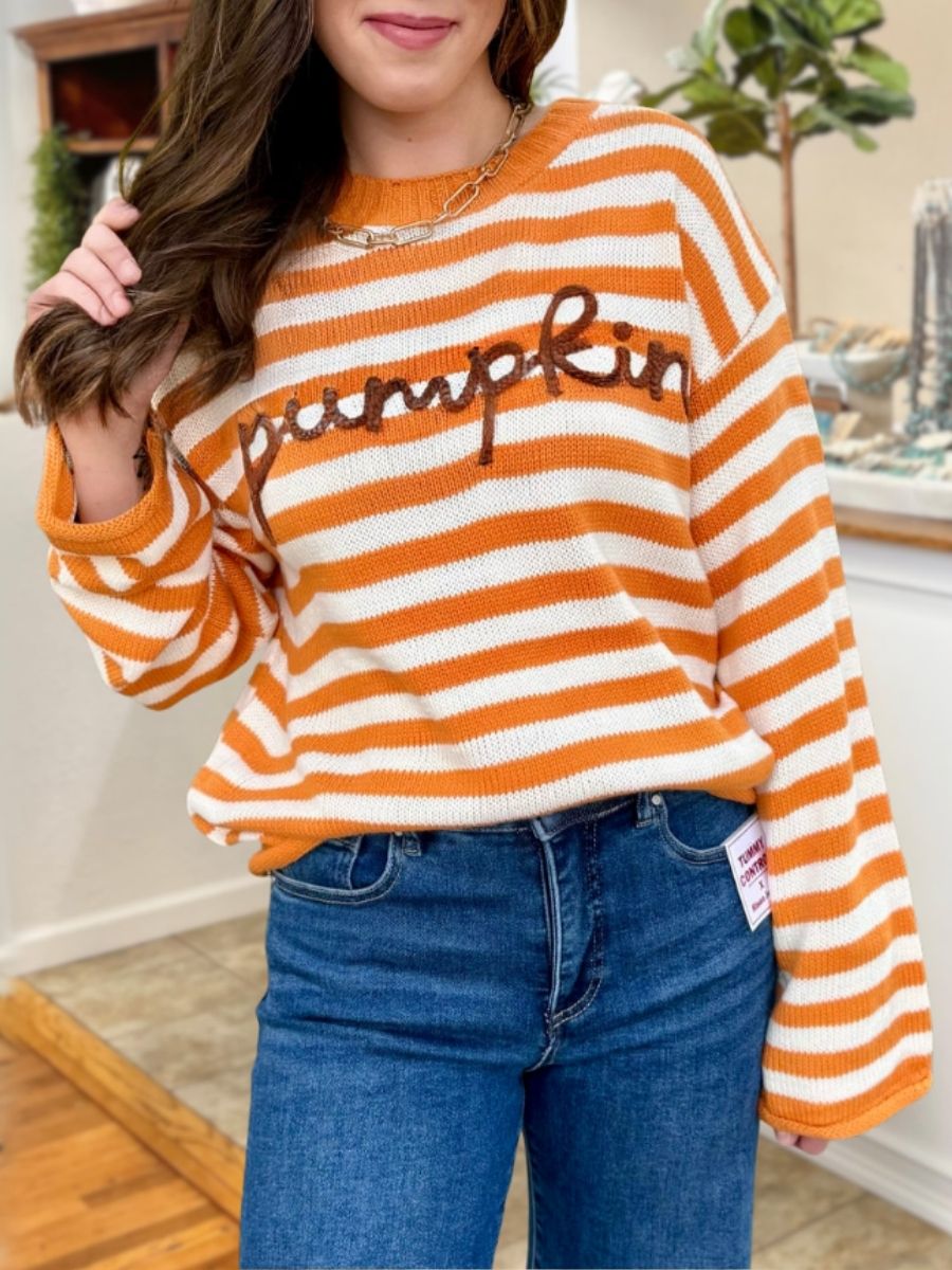 Pumpkin Letter Embroidered Striped Top