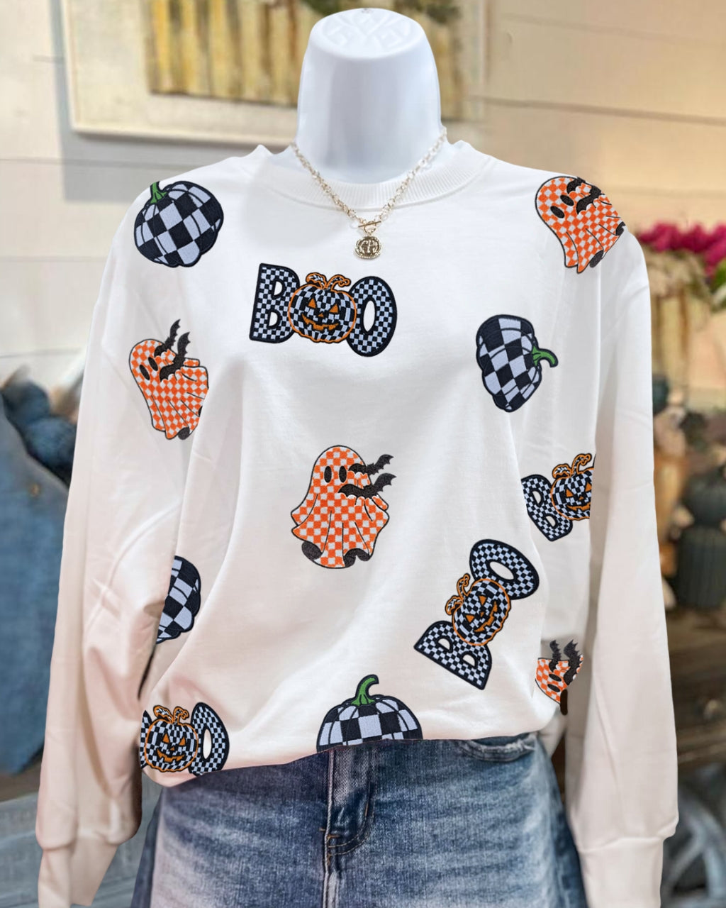 Checkered Pumpkin Ghost Embroidered Sweatshirt