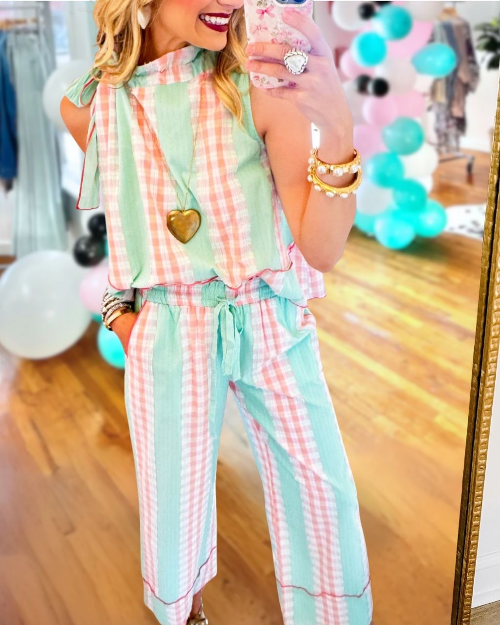 Color-block Plaid Casual Set