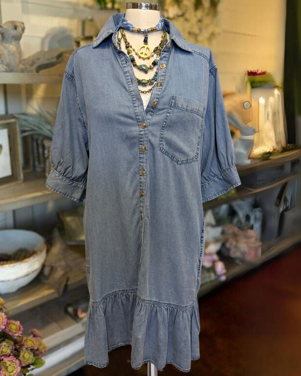 Ruffle-hem Denim Shirt Dress
