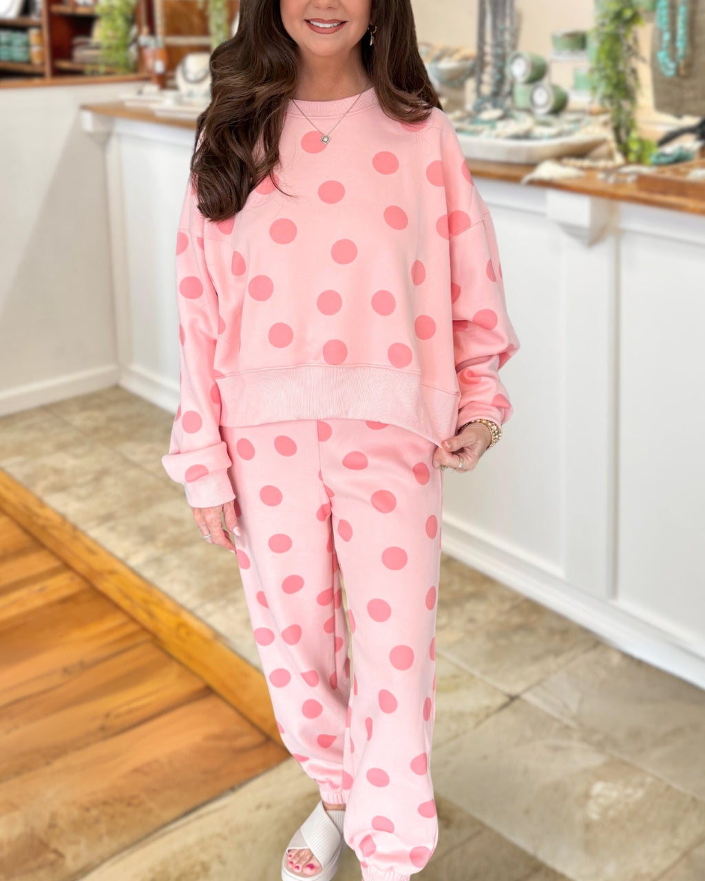 Casual Polka Dot Ribbed Trim Set