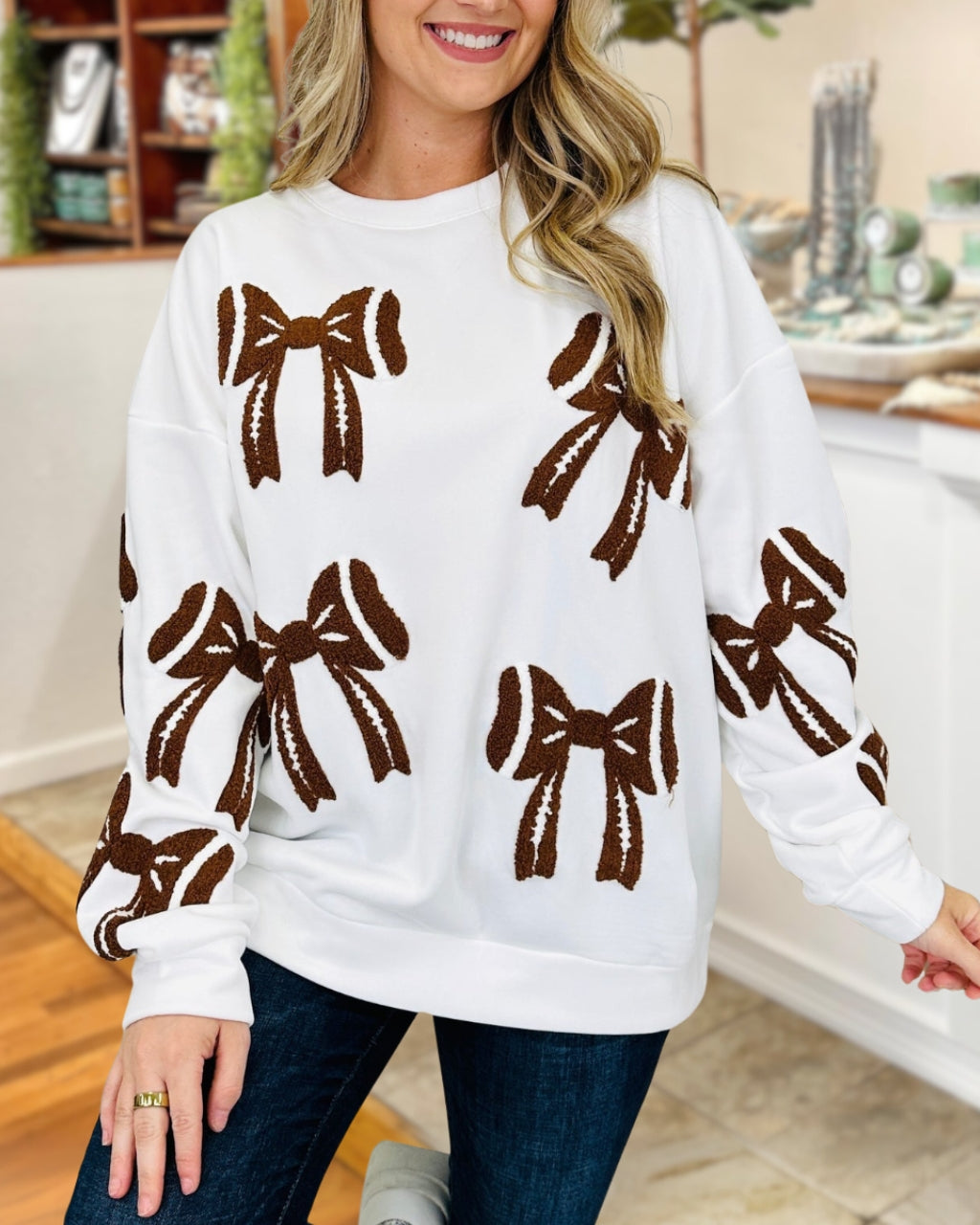 Embroidered Bow Football Decorated Sweatshirt