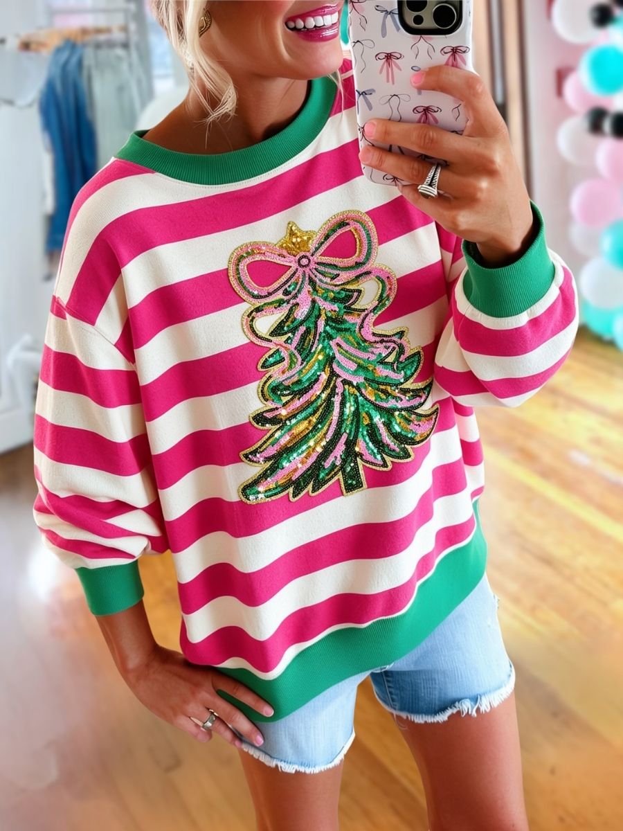 Christmas Tree Sequin Striped Colorblock Pullover