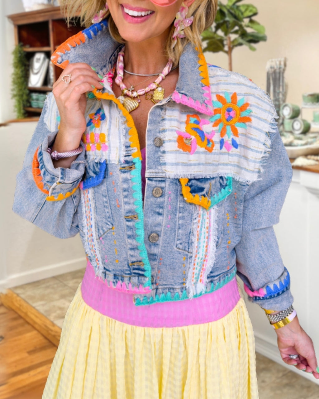 Colorful Trim Embroidered Denim Jacket