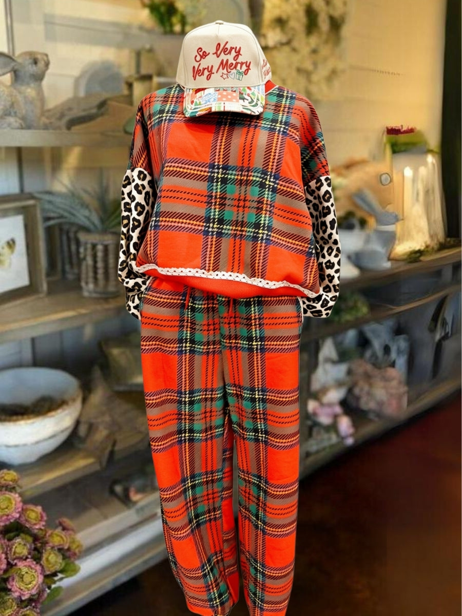 Christmas Plaid Leopard Print Patchwork Set