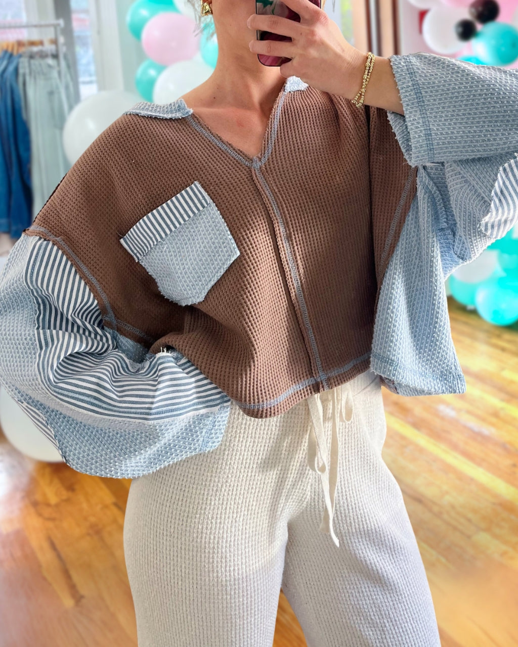 Chic Waffle Striped Henley Top