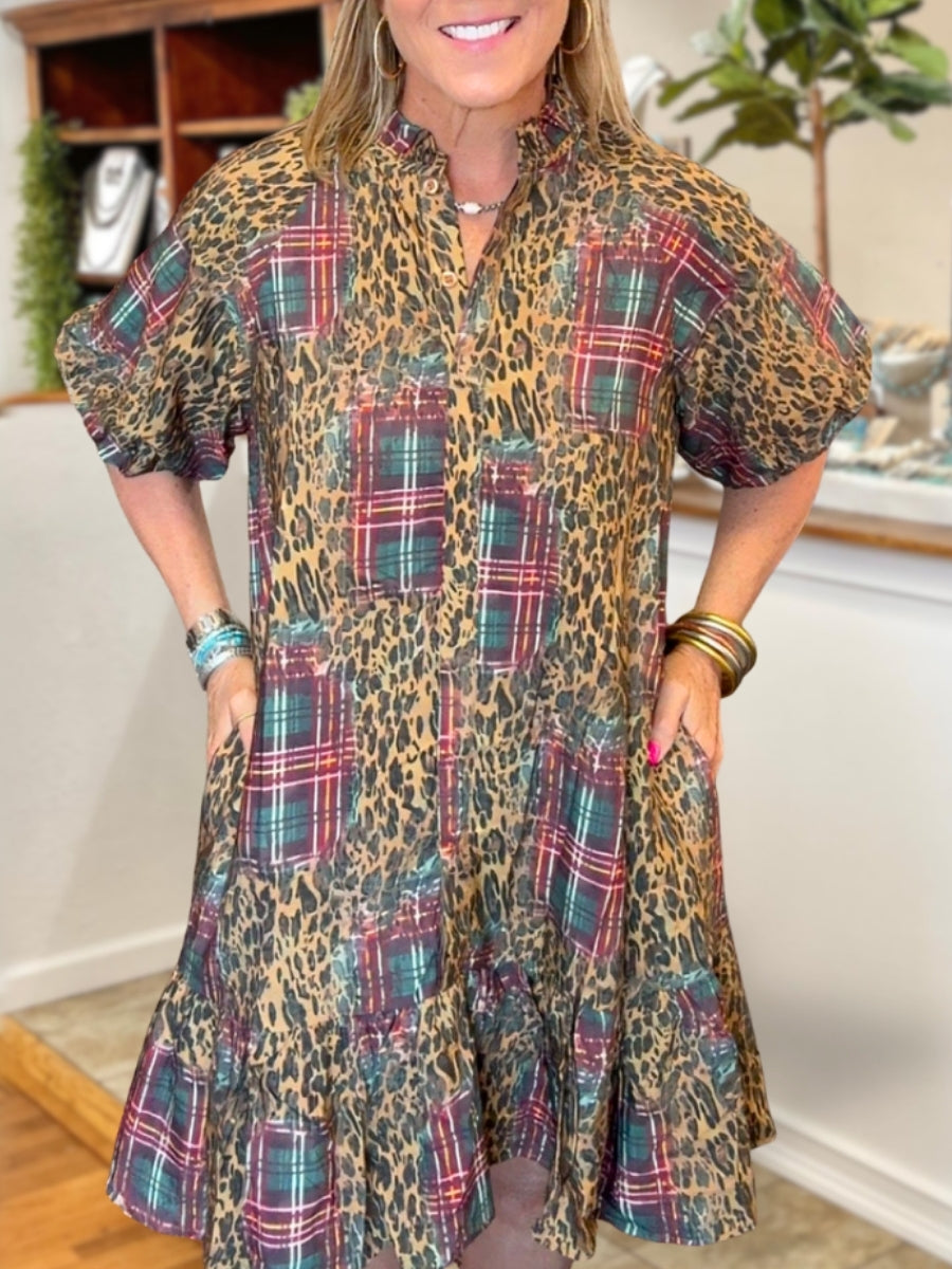 Leopard Print Patchwork Satin Dress
