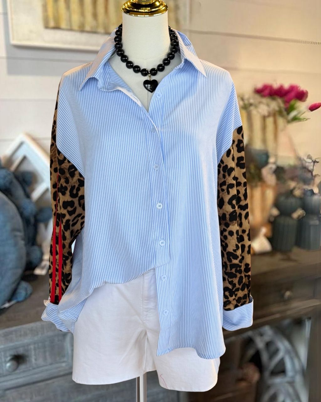 Leopard Sleeves Patchwork Striped Shirt