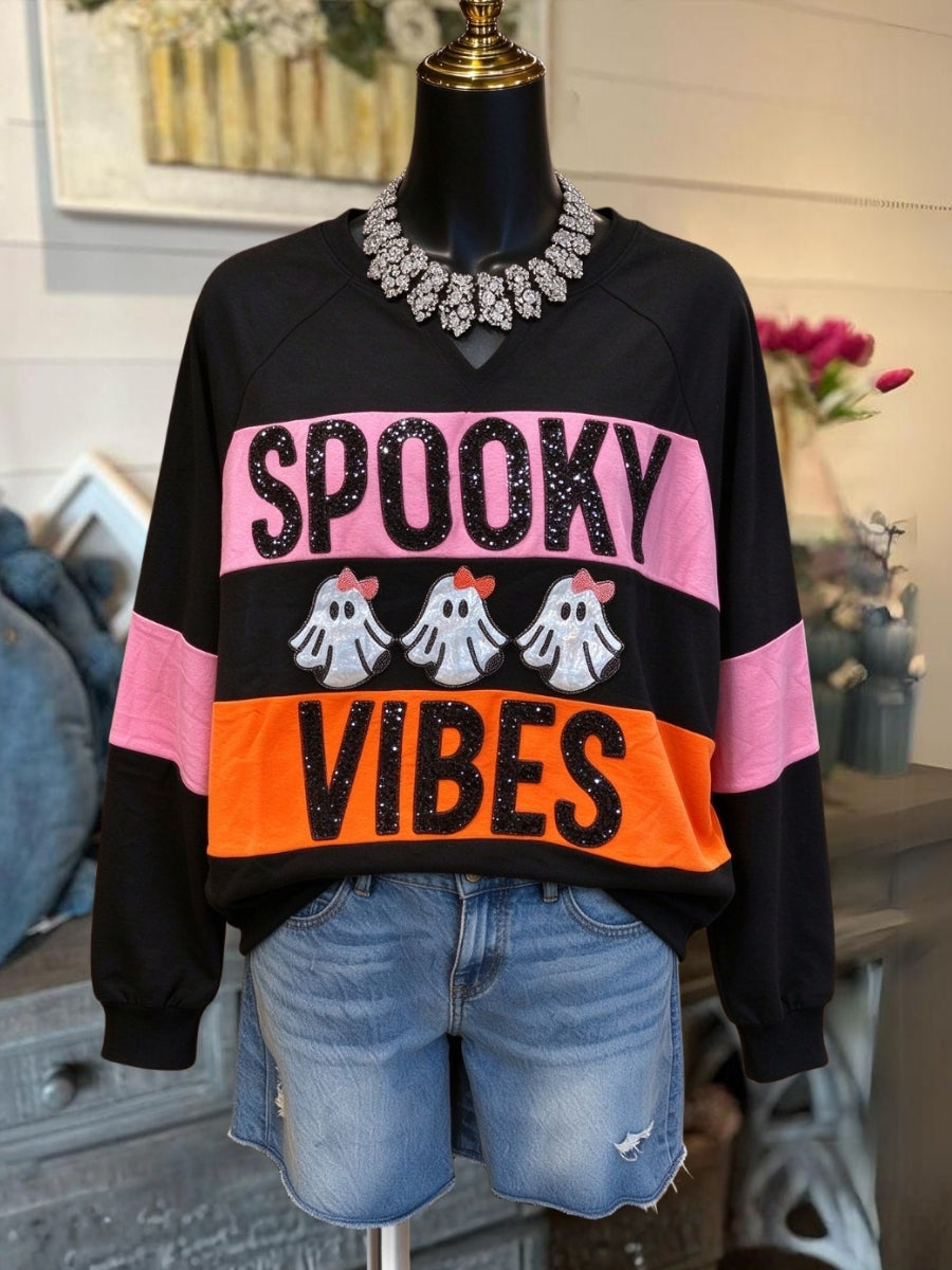 SPOOKY VIBES Sequined Color-Block Pullover
