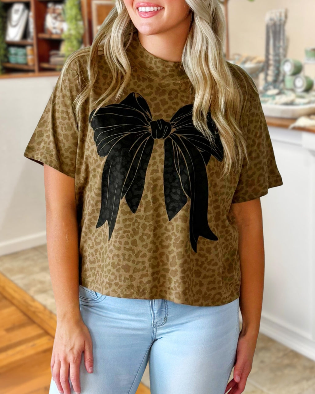 Bow+Leopard Print Tee