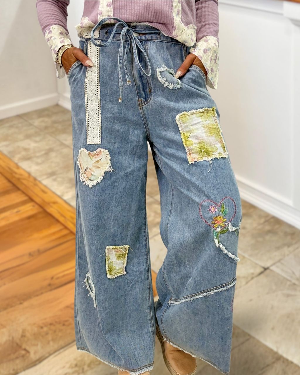 Heart Shaped Floral Embroidered Jeans