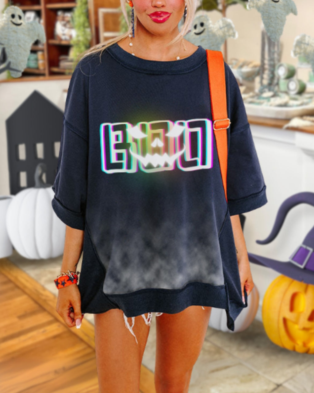 Fun Neon Pumpkin Boo Smoke Halloween Top