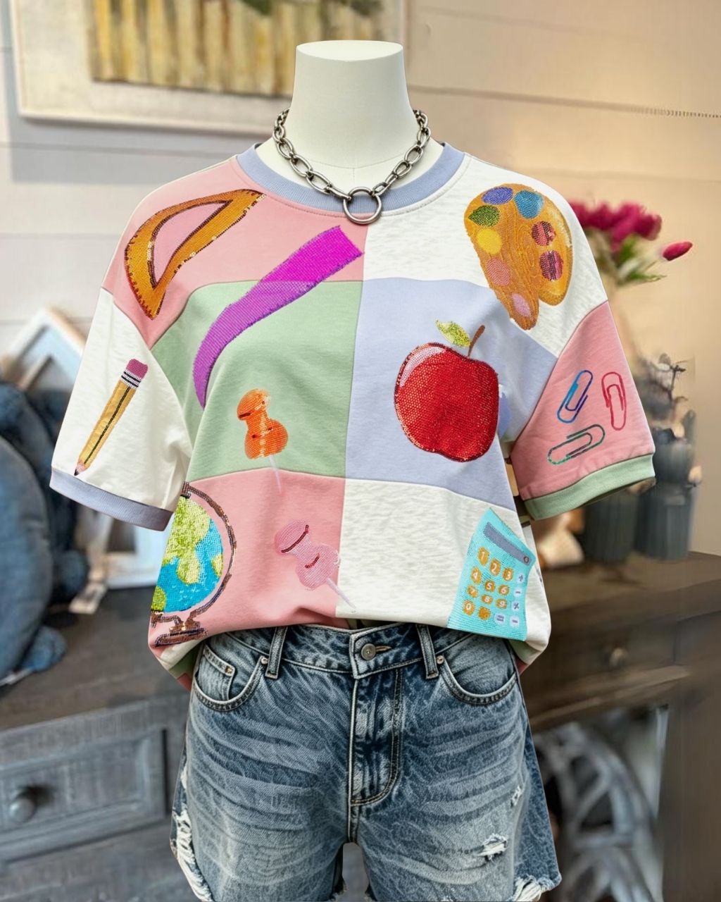 School Supplies Sequin Color Block T-Shirt