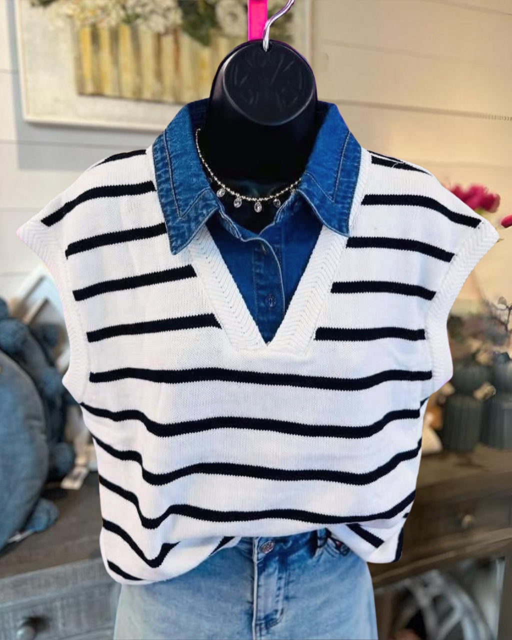 Faux Two-piece Denim Collar Striped Top