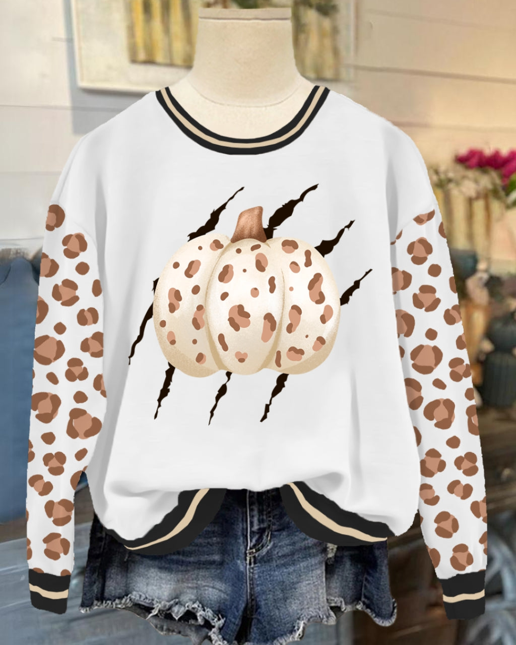Halloween Scratchy Pumpkin Leopard Sweatshirt