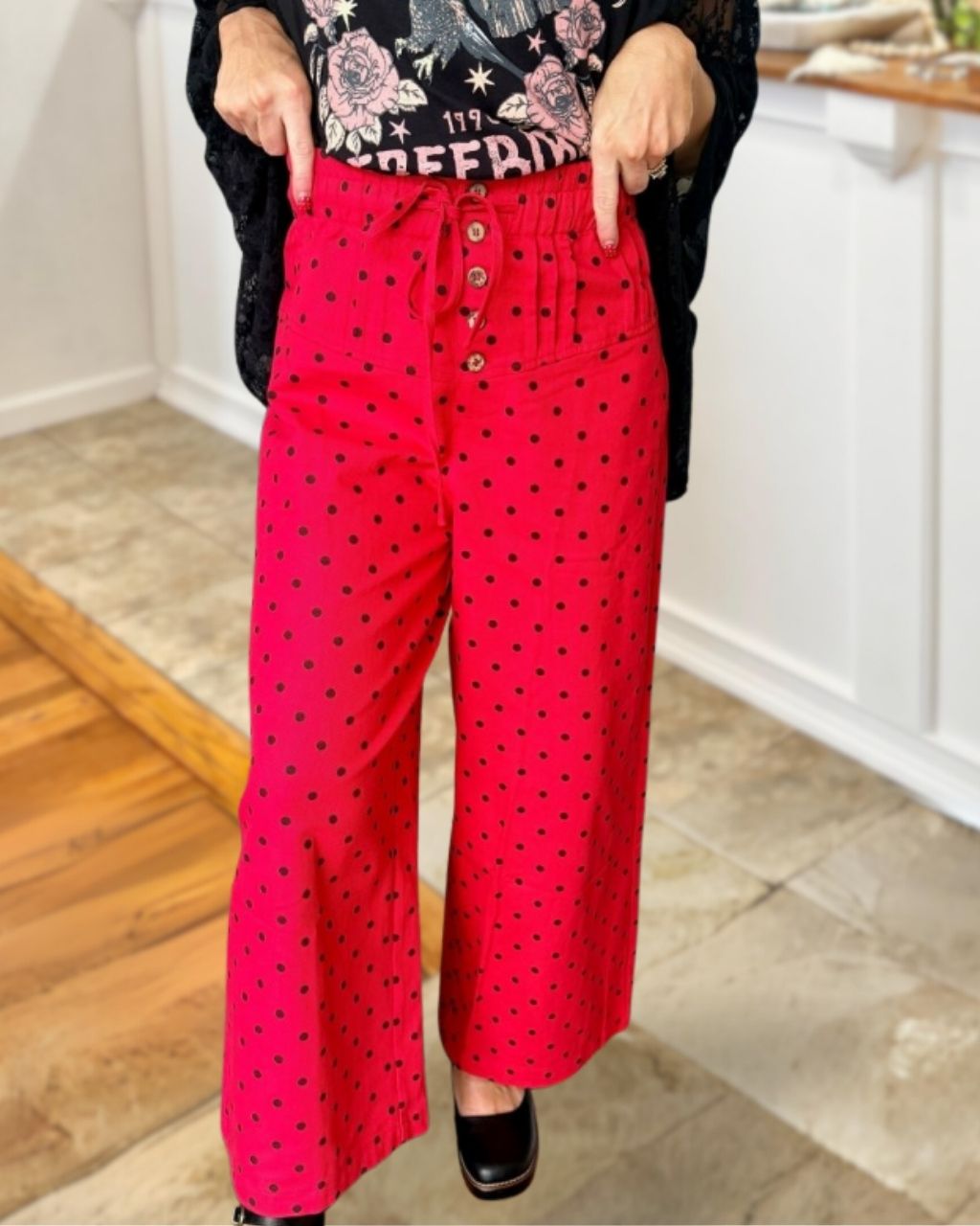 Polka Dot Front Button Pants
