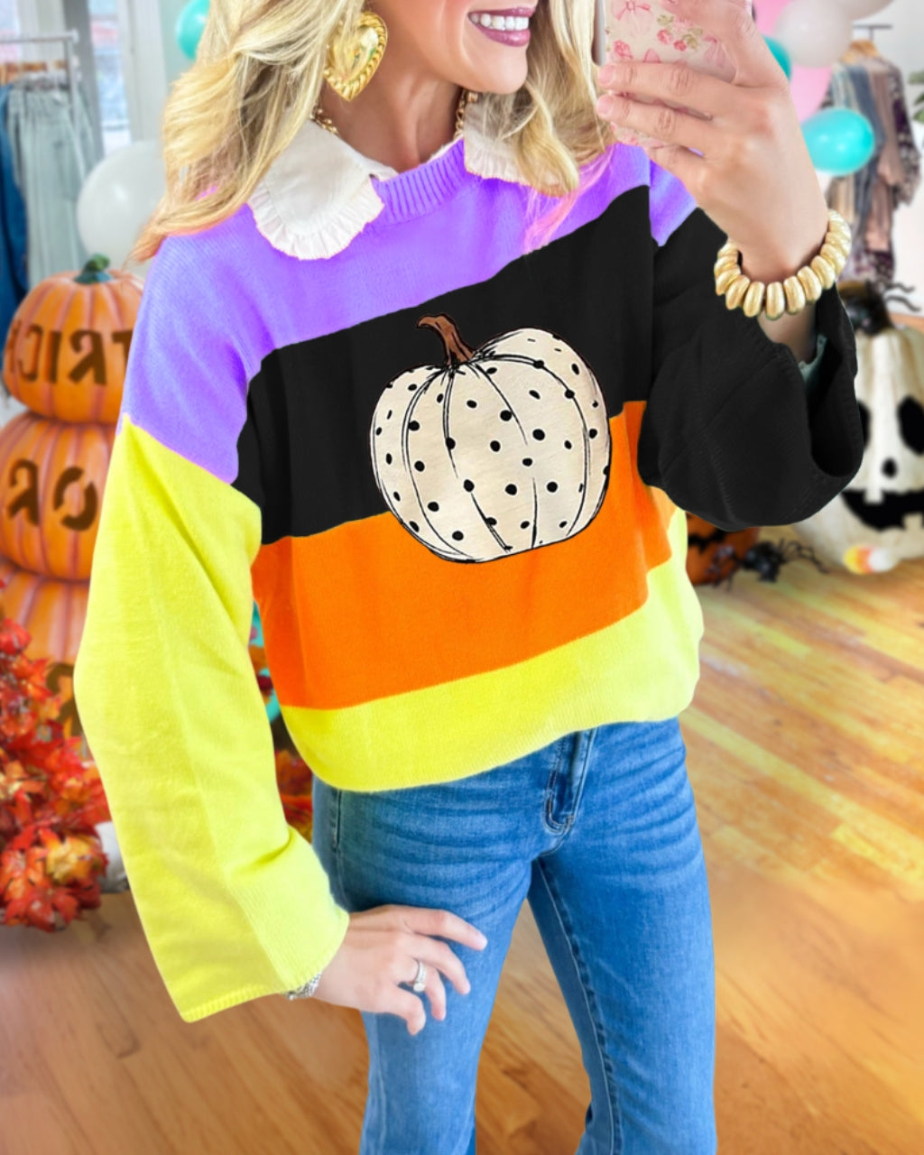 Fun Halloween Pumpkin Art Striped Sweatshirt
