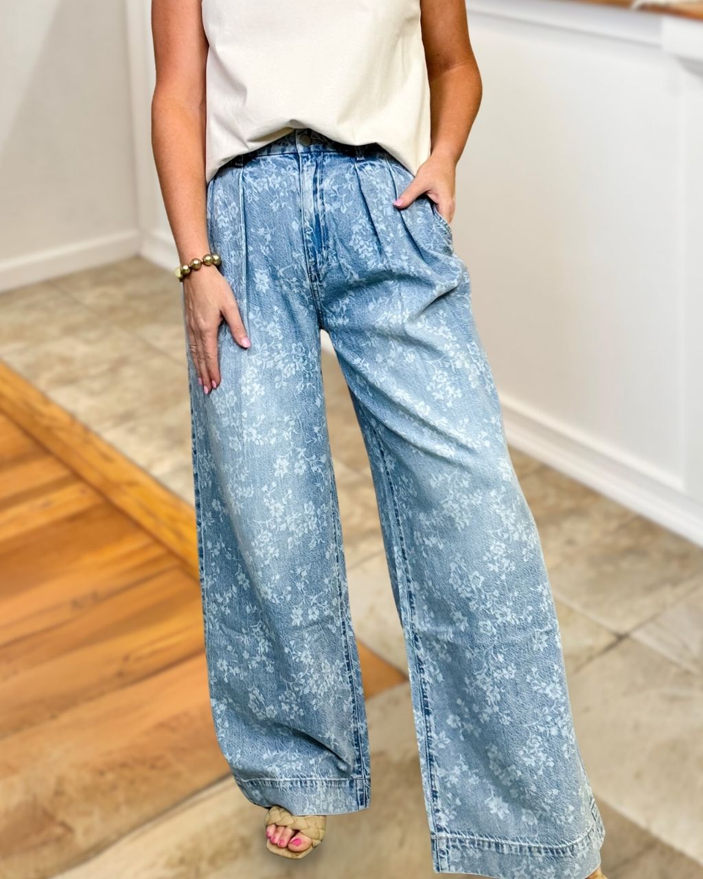 Floral-Patterned Denim Pants