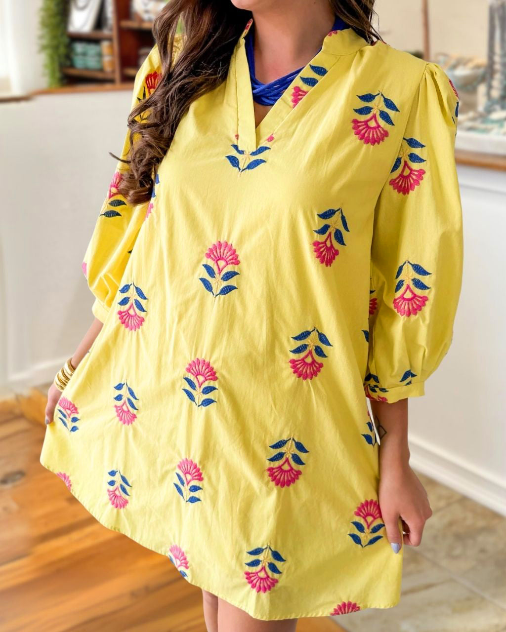 Floral Embroidered V-neck Poplin Dress