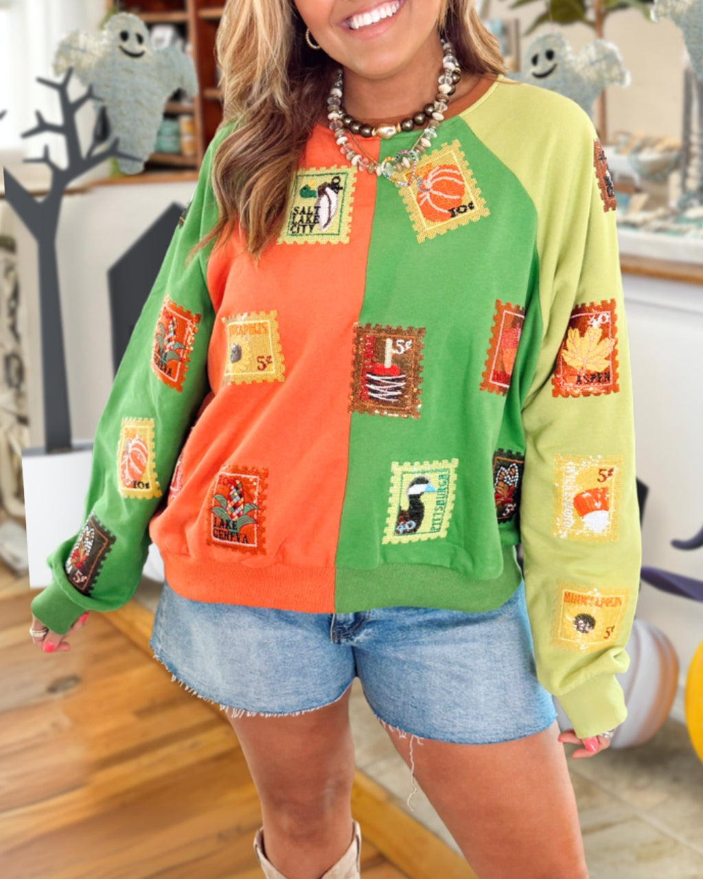 Sequin Fall Stamp Colorblock Sweatshirt