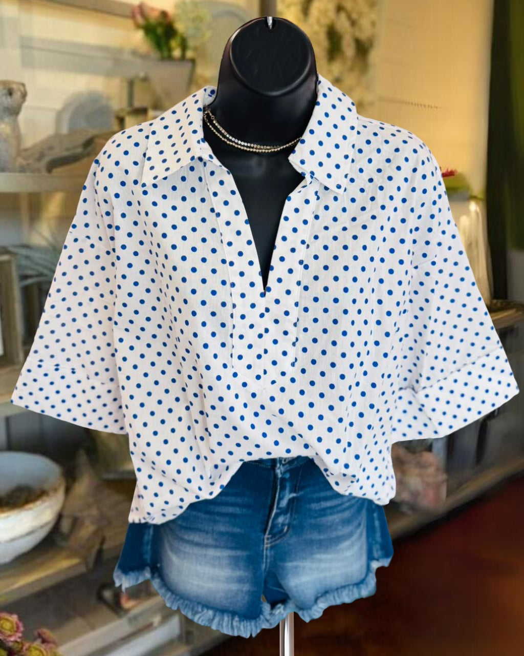 Simple Polka-Dot V-Neck Top