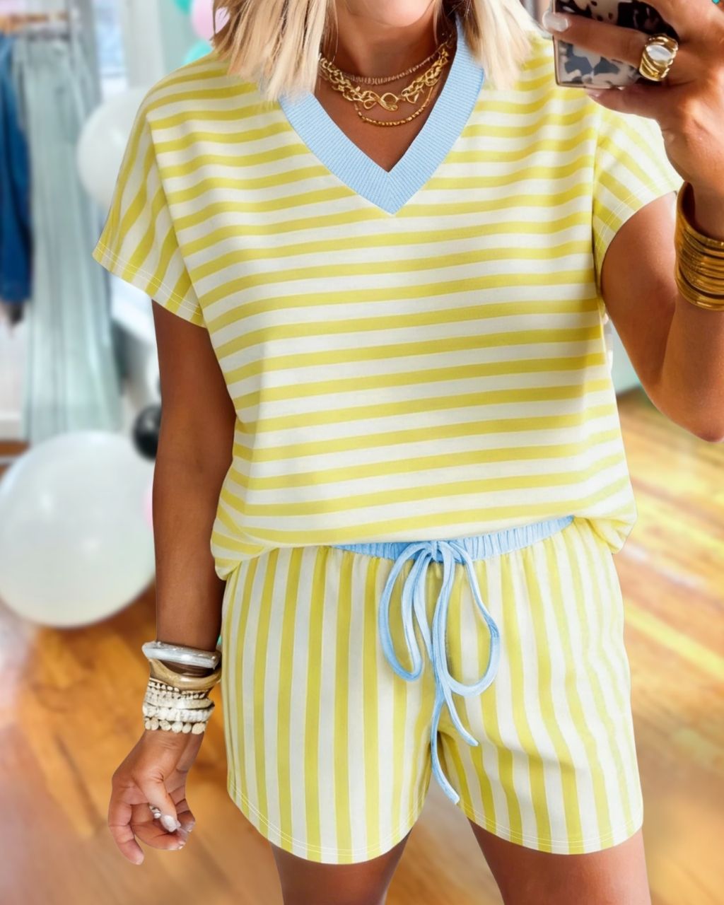 Striped Color-blocked Trim Shorts Set